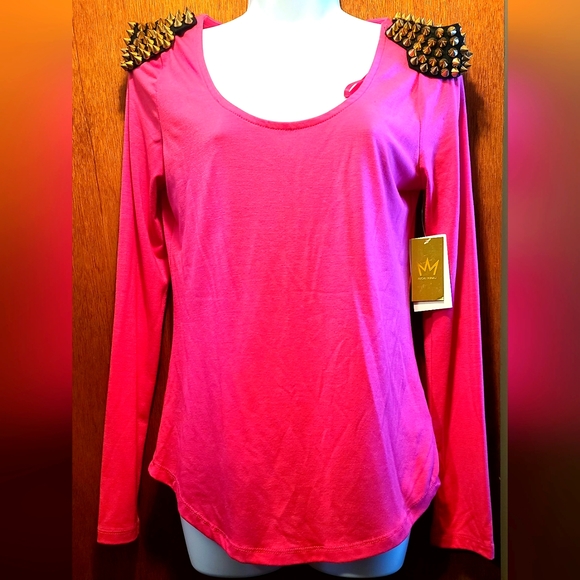 Nicki Minaj Tops - Nicki Minaj RARE pink long sleeve spiked shoulder pad top NWT